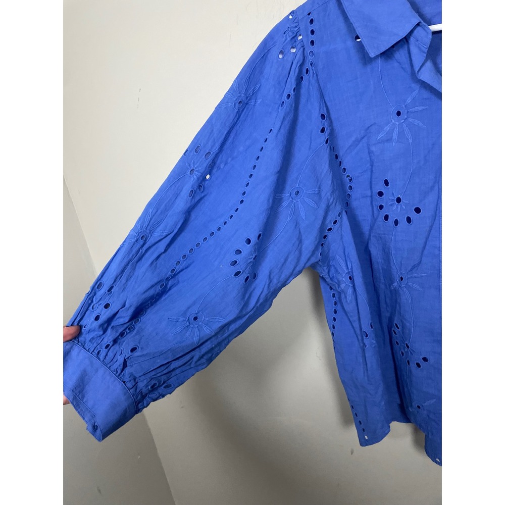 Anthropologie Forever That Girl Blue Puff Sleeve Cotton Eyelet Button Down - Picture 5 of 10